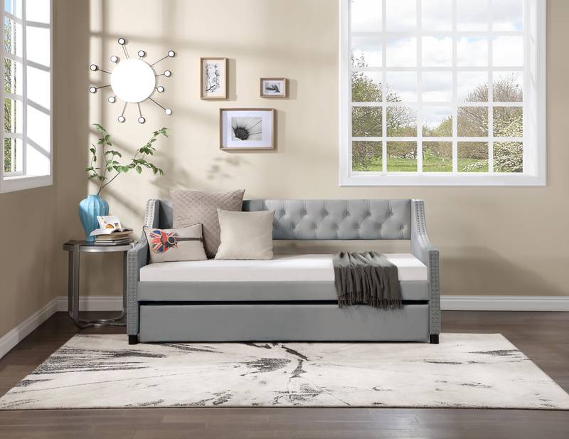 Chic Grey Daybed with Trundle & Stylish Tufted Design