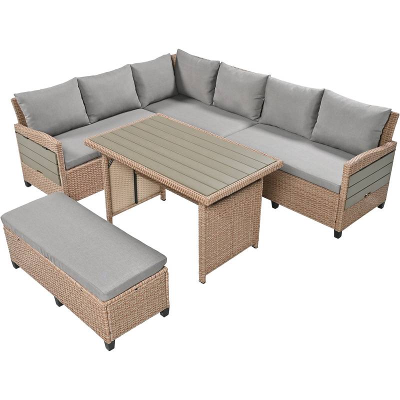 Cozy Rattan Patio Sofa Set with Extendable Tables