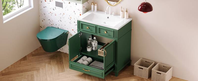 Vintage Green Bathroom Vanity with Soft-Close Storage