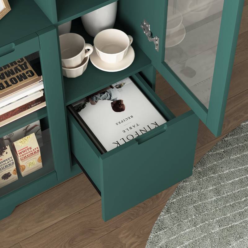 Chic Green Cabinet with Glass Doors and Open Storage