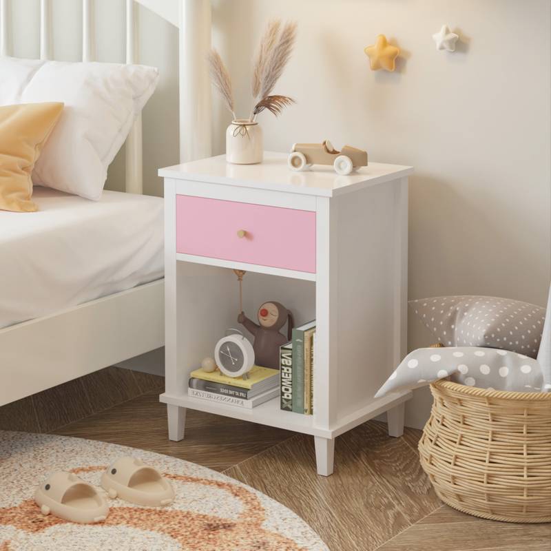 Charming Pink Wooden Nightstand with Shelf & Drawer