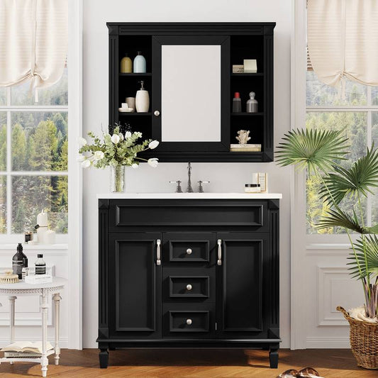 Sleek Black Bathroom Vanity with Mirror & Soft-Close Storage