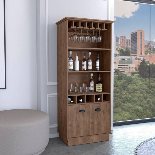 Dundee Tall Glass Bar Cabinet with Shelves and Cubbies