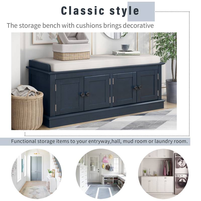 Navy Storage Bench with Cushion & Shelves