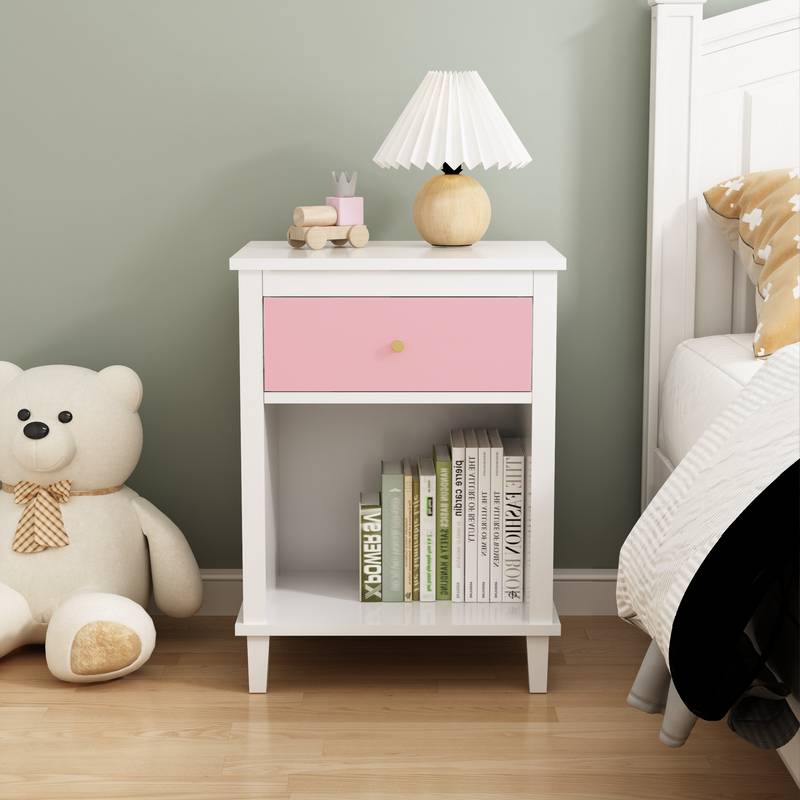 Charming Pink Wooden Nightstand with Shelf & Drawer