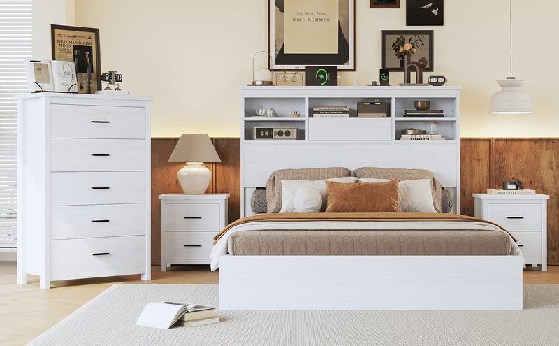 Charming Vintage Queen Bedroom Set with Nightstands and Dresser