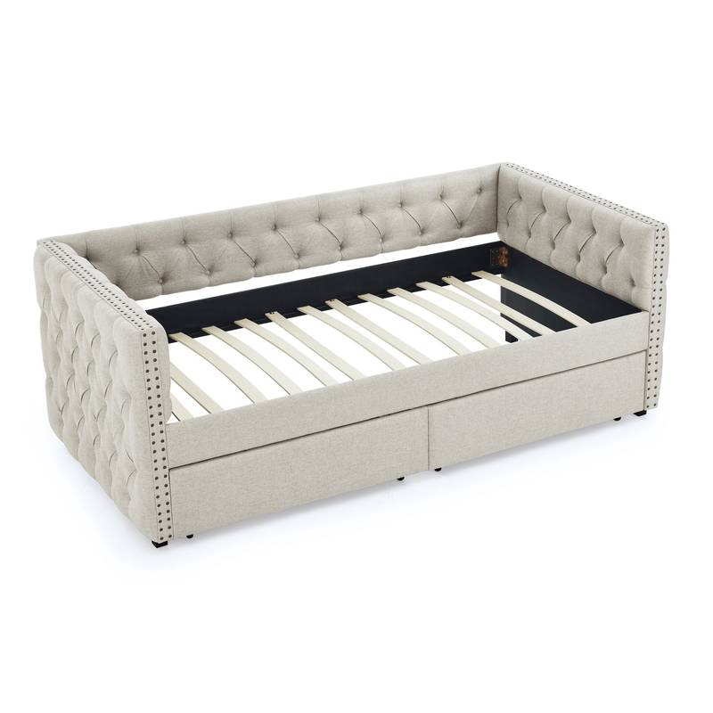Beige Button-Tufted Twin Daybed with Storage Drawers