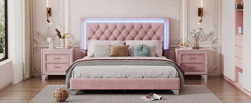 Pink Dream Bedroom Set with LED Bed and Nightstands