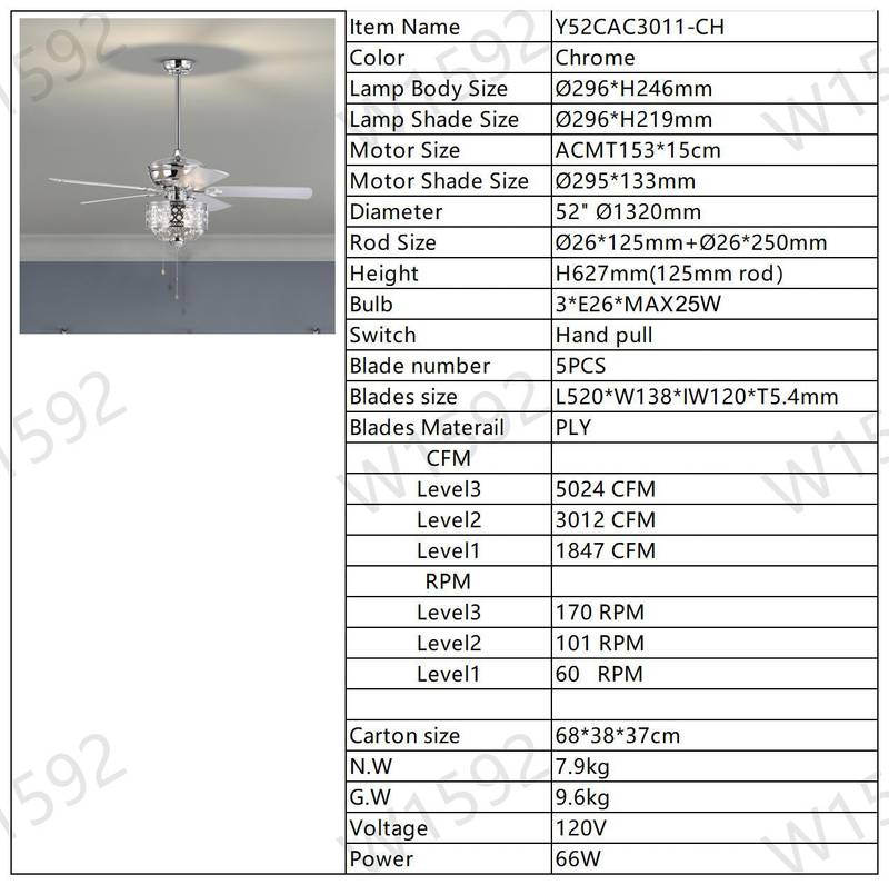 Chic Chrome Ceiling Fan with Pull Chain