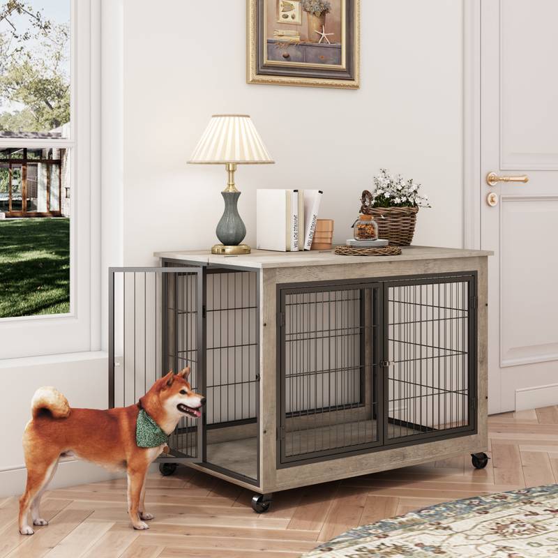Chic Mobile Dog Crate Table with Double Doors and Lift Top in Grey