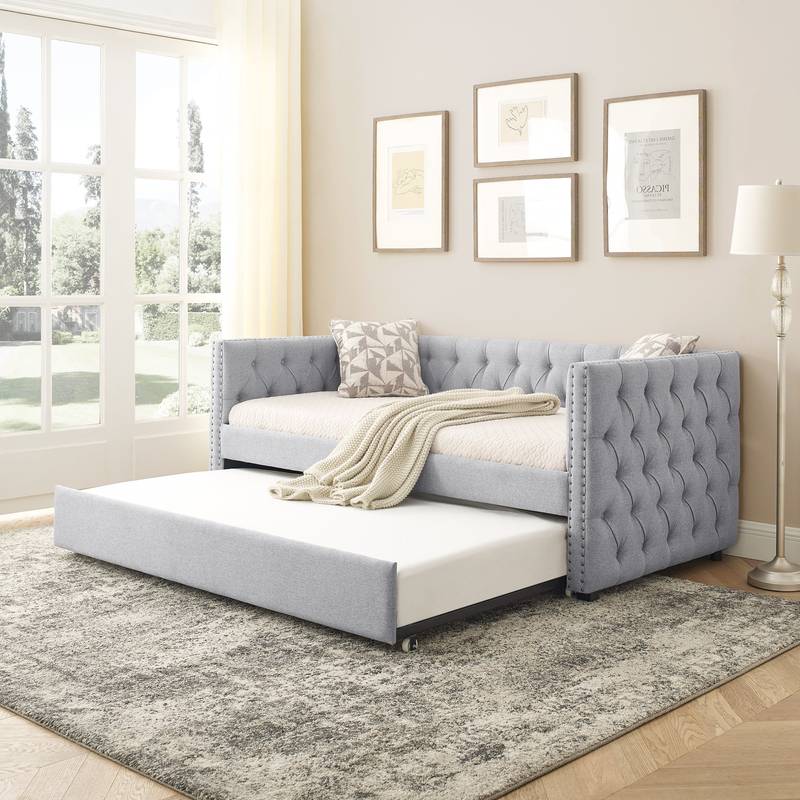 Chic Grey Tufted Daybed with Trundle