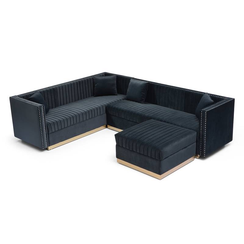 Chic Velvet Corner Sofa with Ottoman & Pillows