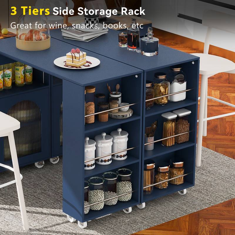 Navy Rolling Kitchen Island with LED Lights & Storage