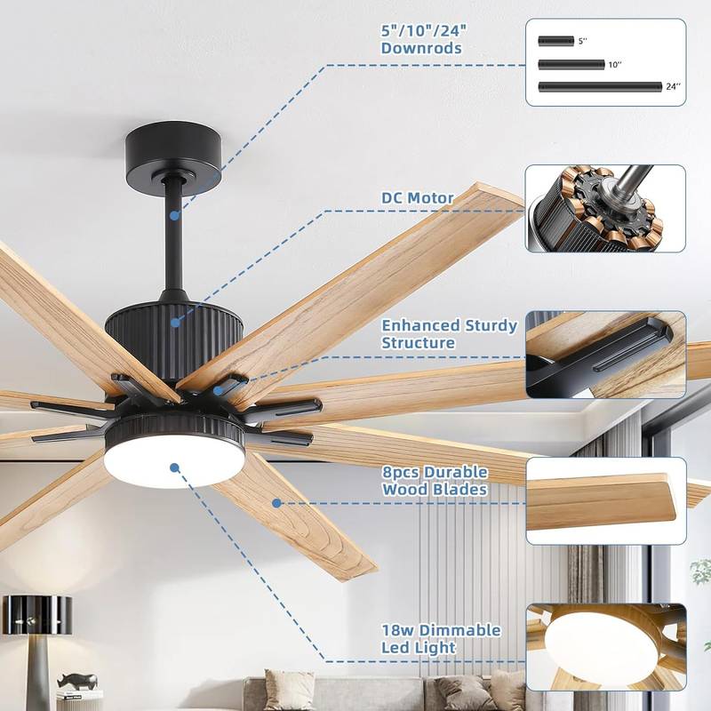 Sleek Black Ceiling Fan with Remote & Dimmable LED Light