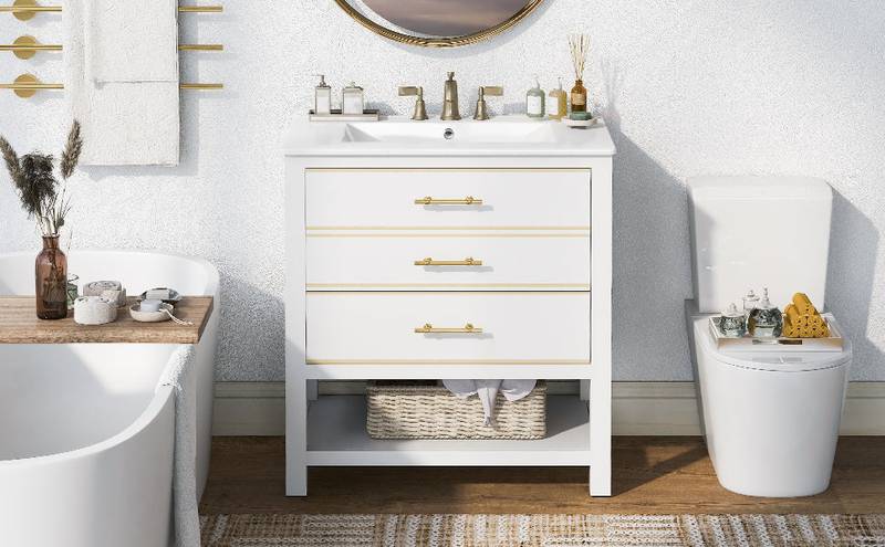 Navy Blue & White Chic Bathroom Vanity with Open Storage