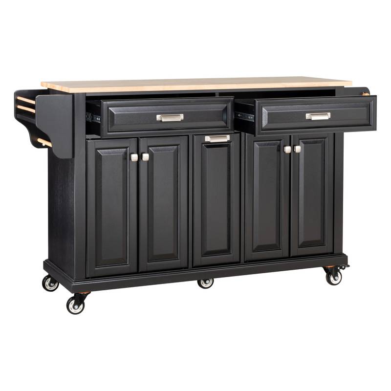 Versatile Kitchen Cart with Rubberwood Top and Ample Storage in Black