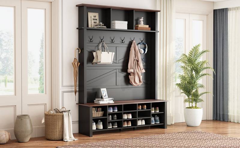 Chic Farmhouse Entryway Bench with Hooks & Shelves