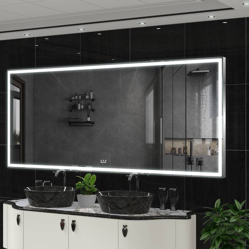 GlamGlow LED Bathroom Mirror: Illuminated Full-Body Reflection in Silver
