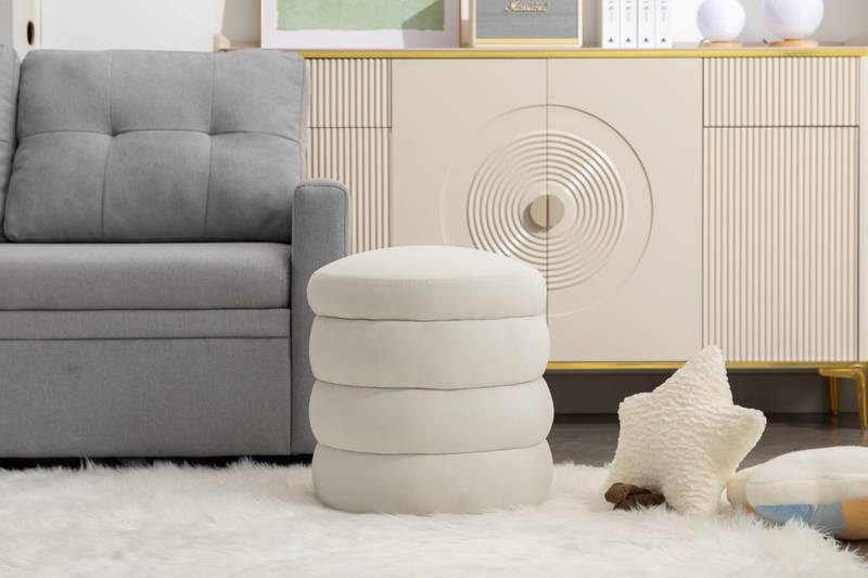 Ivory Velvet Round Ottoman