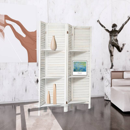 Chic White Folding Room Divider with Shelves