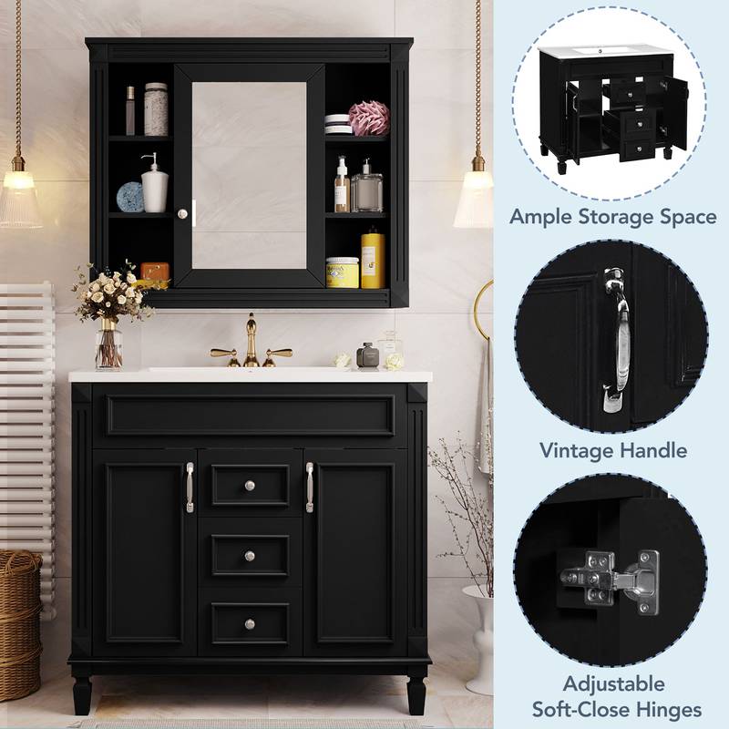 Sleek Black Bathroom Vanity with Mirror & Soft-Close Storage