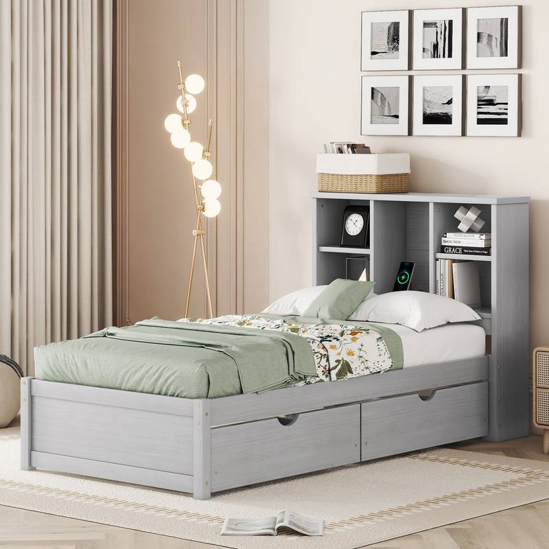 Cozy Grey Twin Bed with USB Charging & Storage Headboard