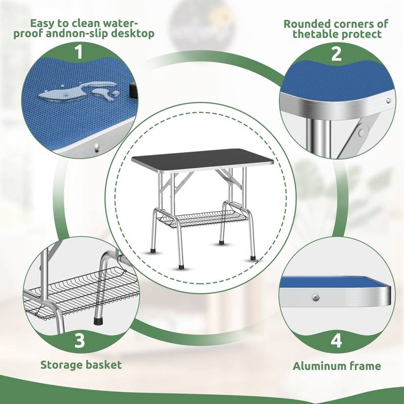 Foldable Dog Grooming Table with Adjustable Arm & Storage Tray