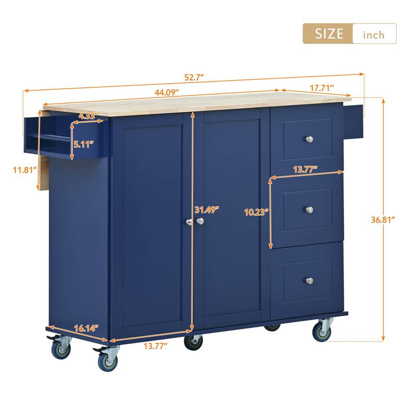 Blue Rolling Kitchen Island with Drop Leaf & Storage