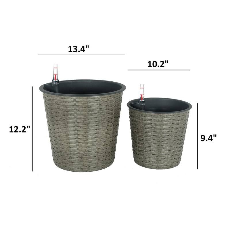 Dual Self-Watering Wicker Planters - Round Grey Decor