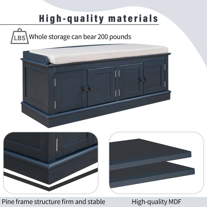 Navy Storage Bench with Cushion & Shelves