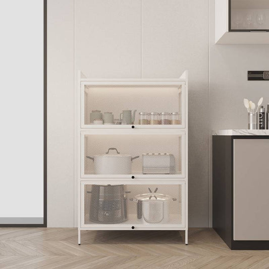 Stylish White Pantry Cabinet with Sleek Retractable Doors