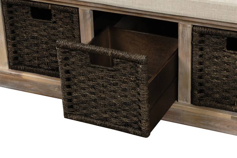 Chic Rustic Storage Bench with Woven Baskets and Cozy Cushion