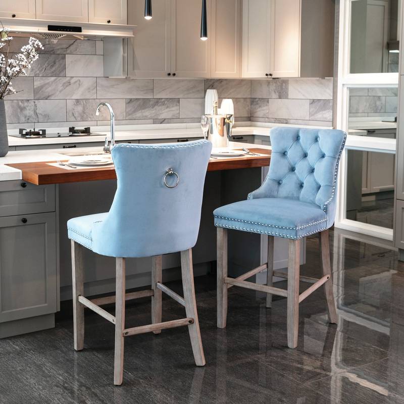 Chic Velvet Barstools with Tufted Detail - Set of Two (Light Blue)