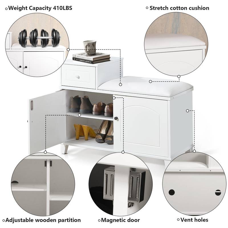 Cozy White Shoe Storage Bench with Cushion and Adjustable Drawer