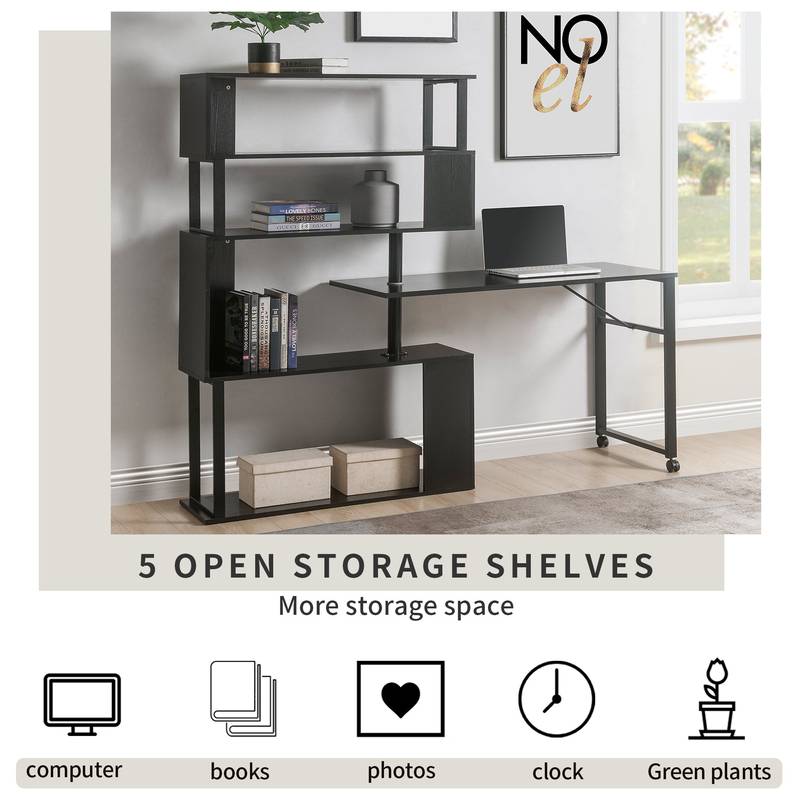 Versatile L-Shaped Home Office Desk with Rolling Bookshelf