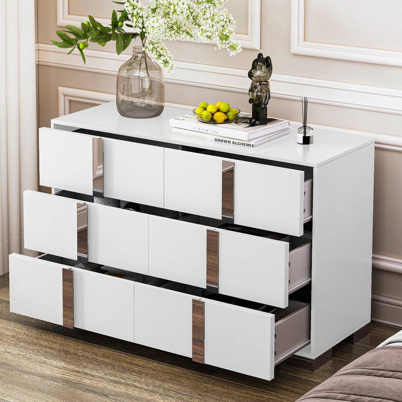 Chic White Mirror Dresser with Metal Handles