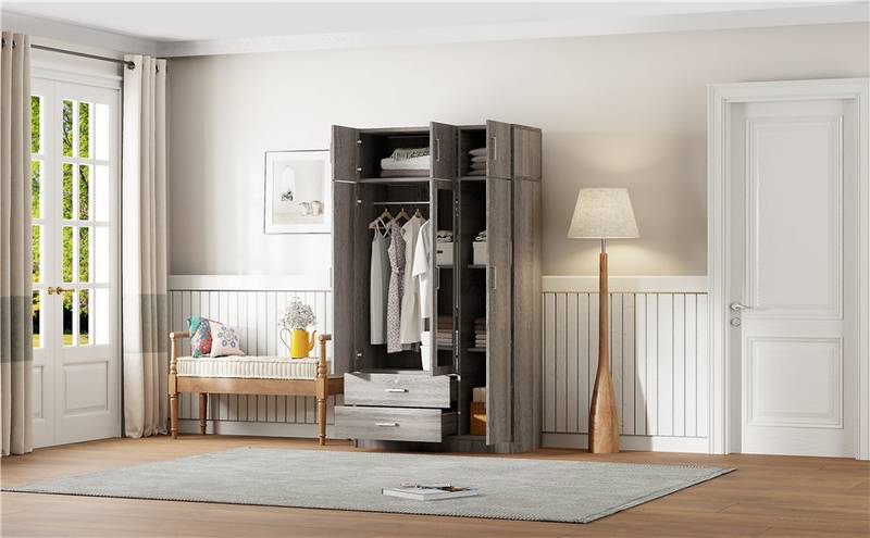 Stylish Gray 3-Door Wardrobe with Drawers and Cabinet