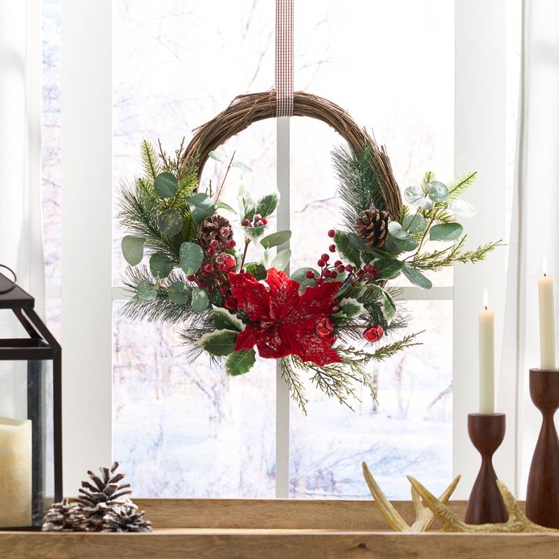Festive Poinsettia & Eucalyptus Half Wreath