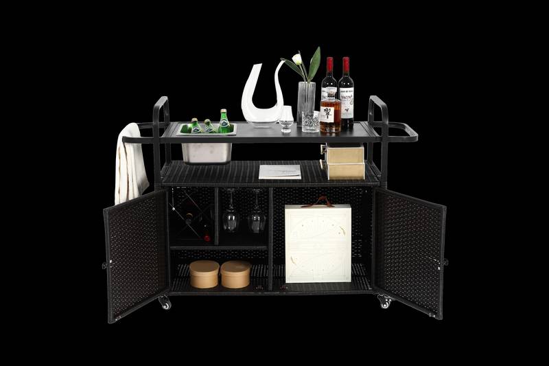 Chic Wicker Bar Cart with Ice Bucket & Lockable Wheels