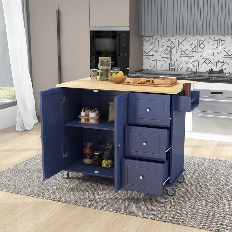Blue Rolling Kitchen Island with Drop Leaf & Storage