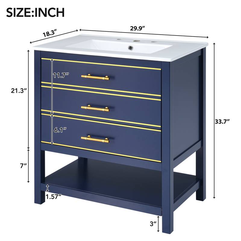 Navy Bliss: Stylish Bathroom Vanity with Open Storage