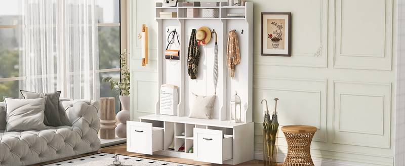 Versatile Entryway Bench with Coat Rack & Drawers