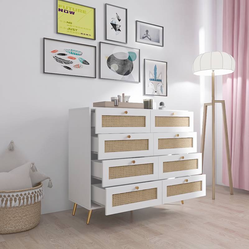 Chic Rattan-Front White Dressers with Gold Accents