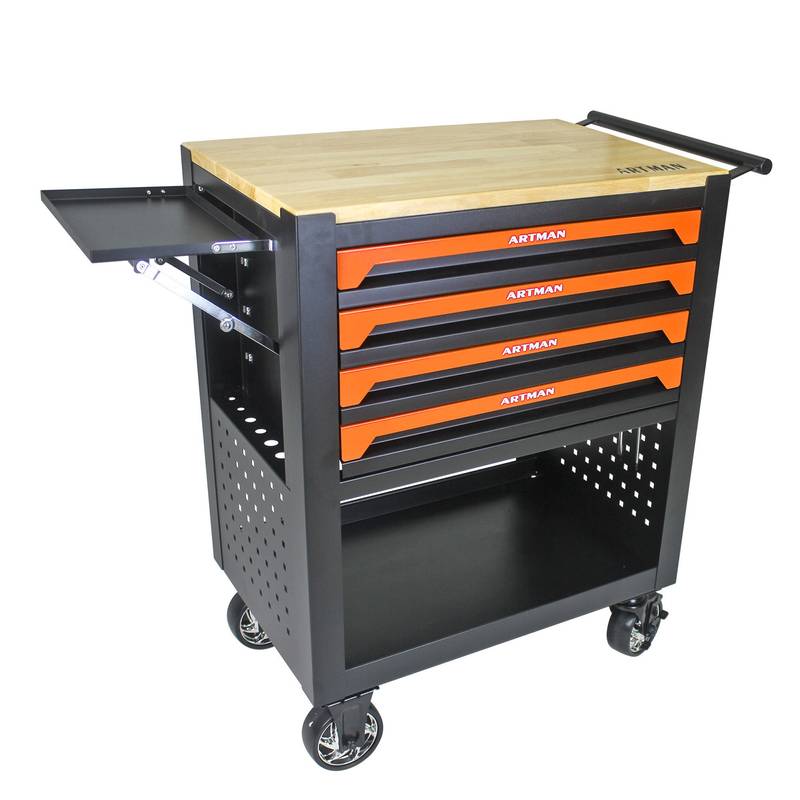 Orange Multi-Use Tool Cart with Wheels and Wooden Top