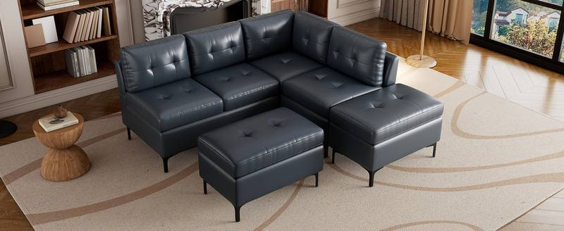 Cozy Blue L-Shaped Corner Sofa with Storage Ottomans