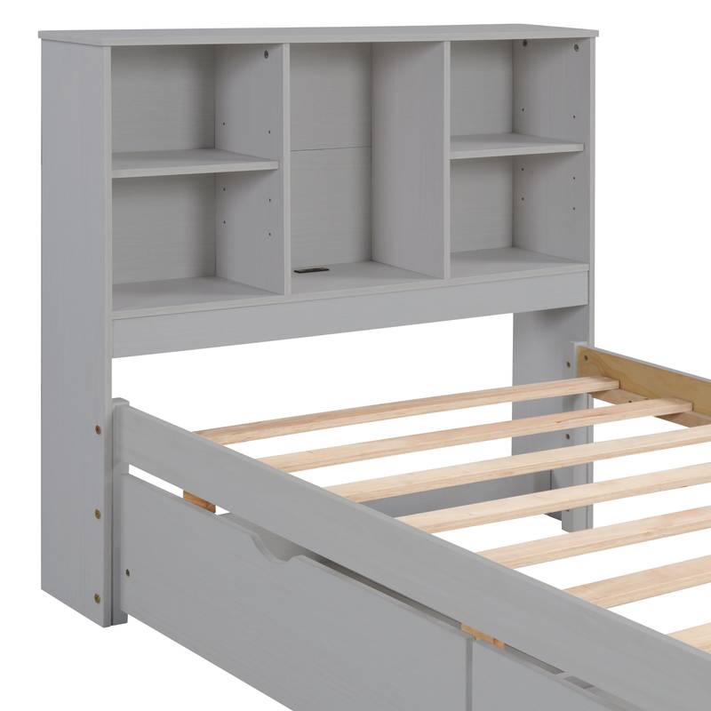 Cozy Grey Twin Bed with USB Charging & Storage Headboard