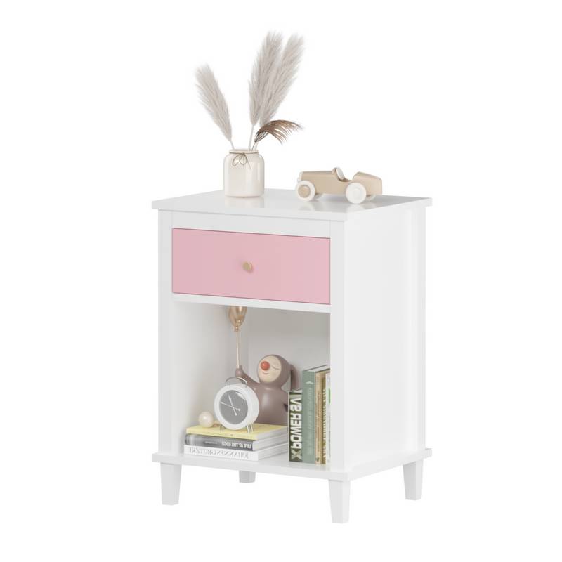 Charming Pink Wooden Nightstand with Shelf & Drawer
