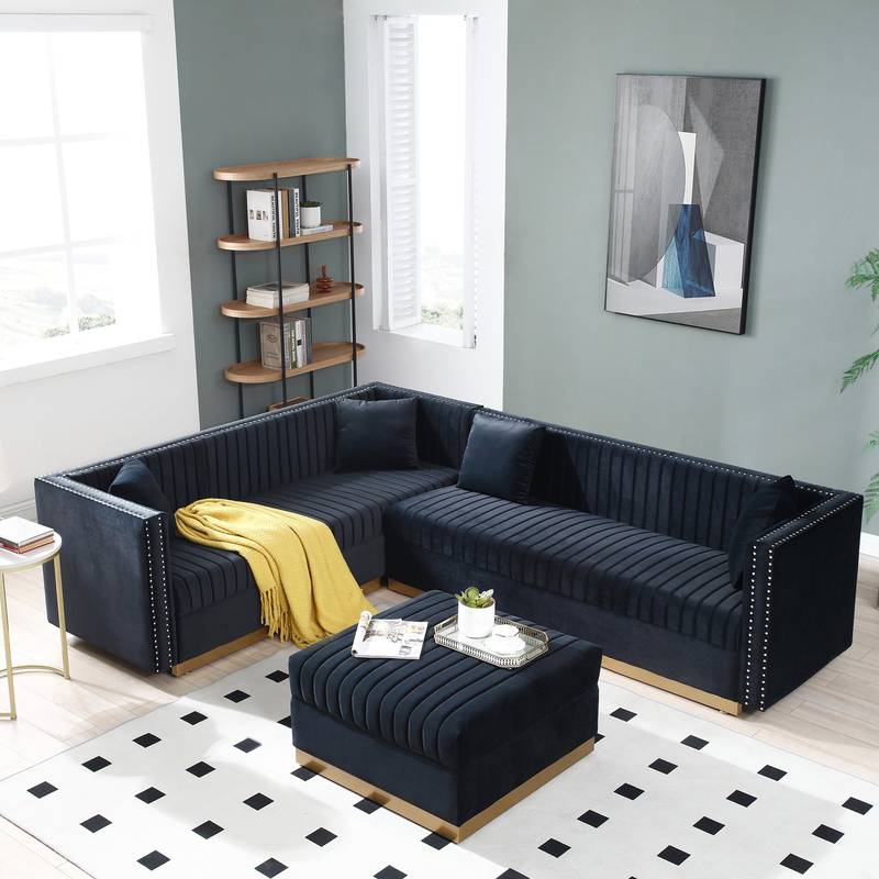 Chic Velvet Corner Sofa with Ottoman & Pillows