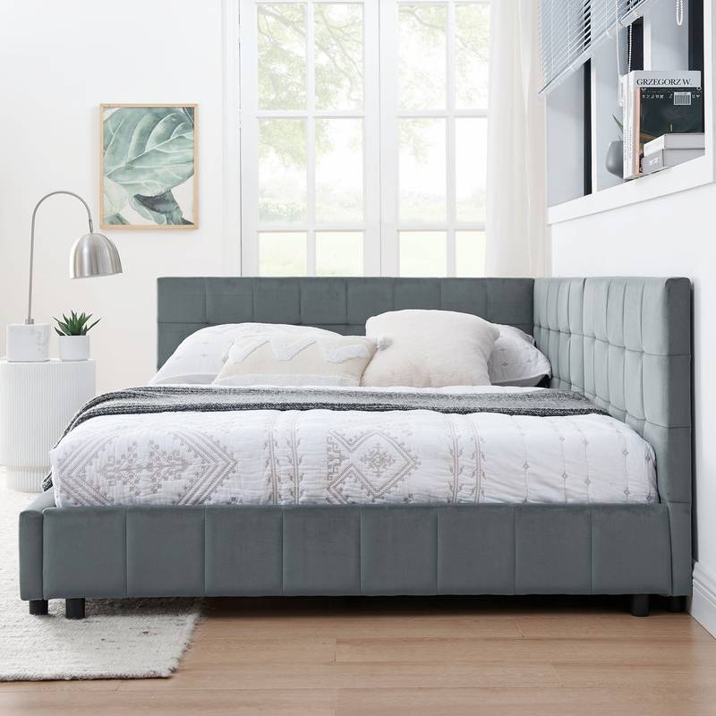 Cozy Velvet Tufted Full Bed Frame with Backrest & Armrests