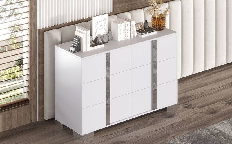 Chic White Mirror Dresser with Metal Handles